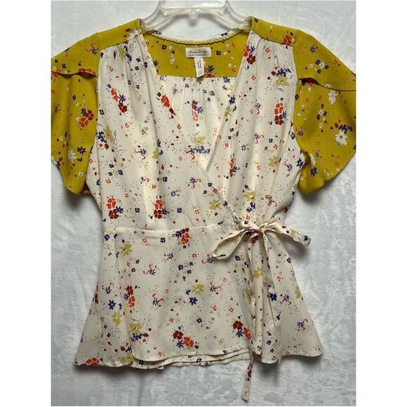 Meadow Rue Tops - Meadow Rue Anthropologie Blouse Womens Size 2 Ivory Floral Wrap V-Neck Tie